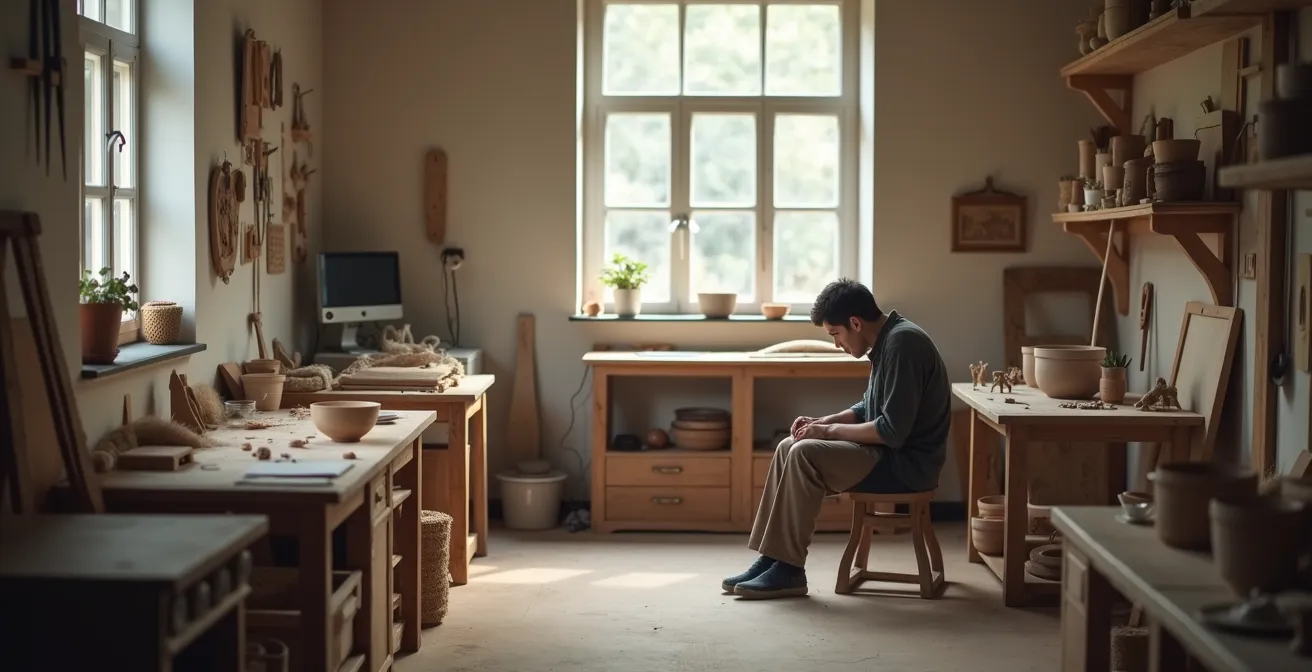 Vue minimaliste d'un atelier d'apprentissage avec mains adultes pratiquant un geste artisanal précis