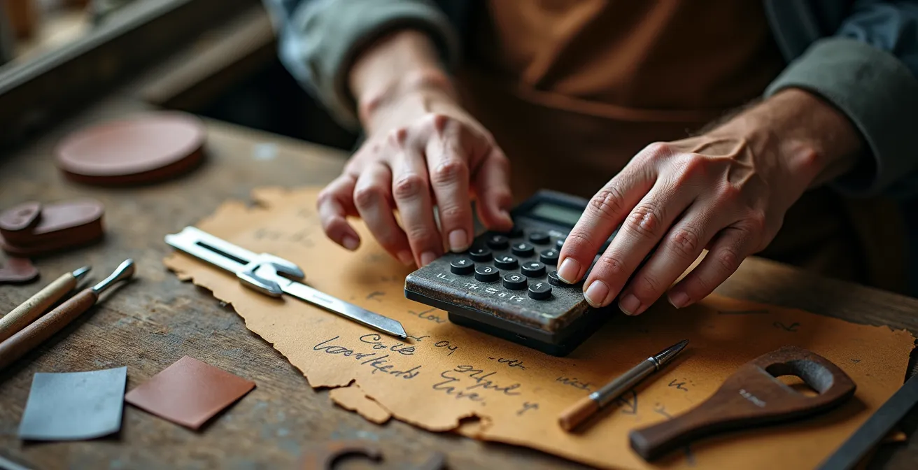 Gros plan sur les mains d'un artisan utilisant une calculatrice vintage dans son atelier