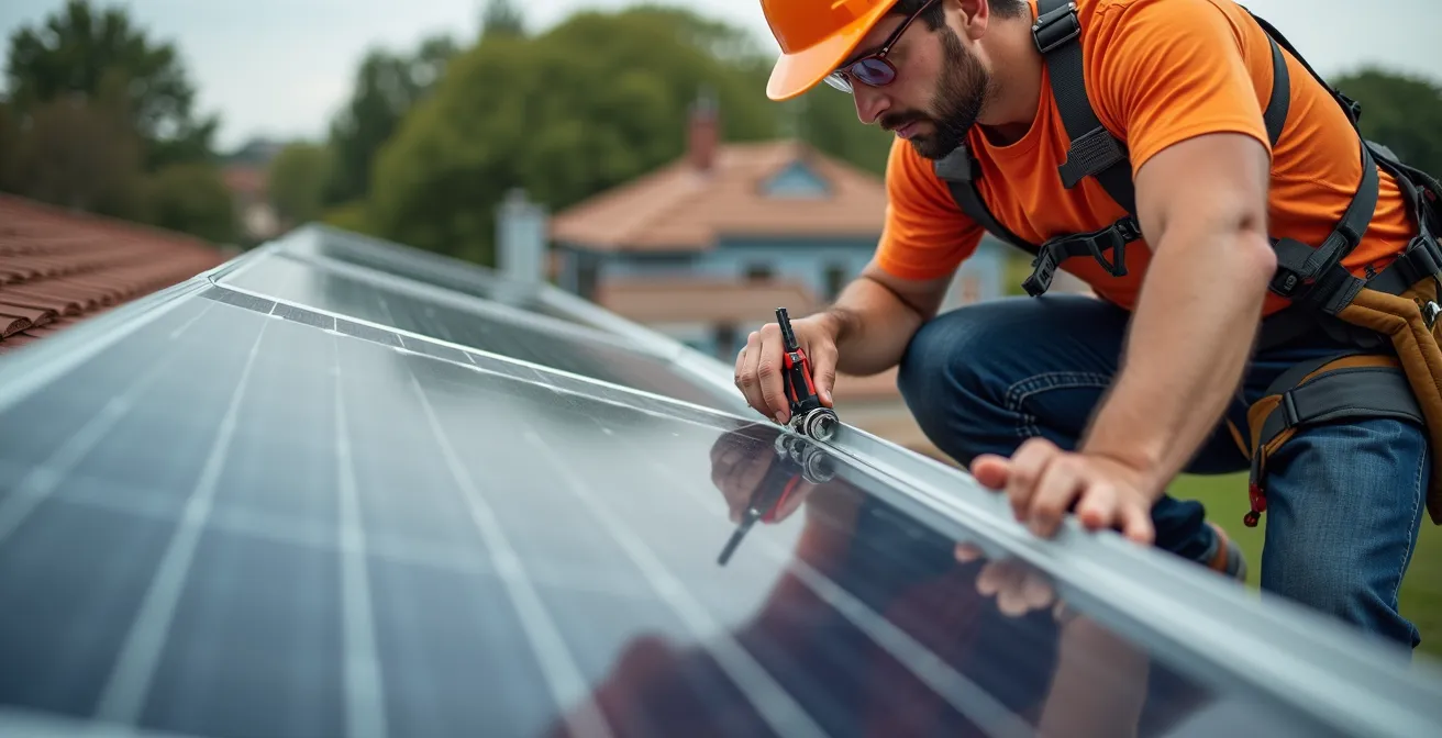 Artisan professionnel installant des rails pour panneaux solaires sur une toiture