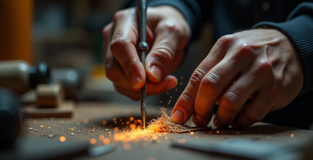 Détail macro des mains expertes d'un Meilleur Ouvrier de France au travail