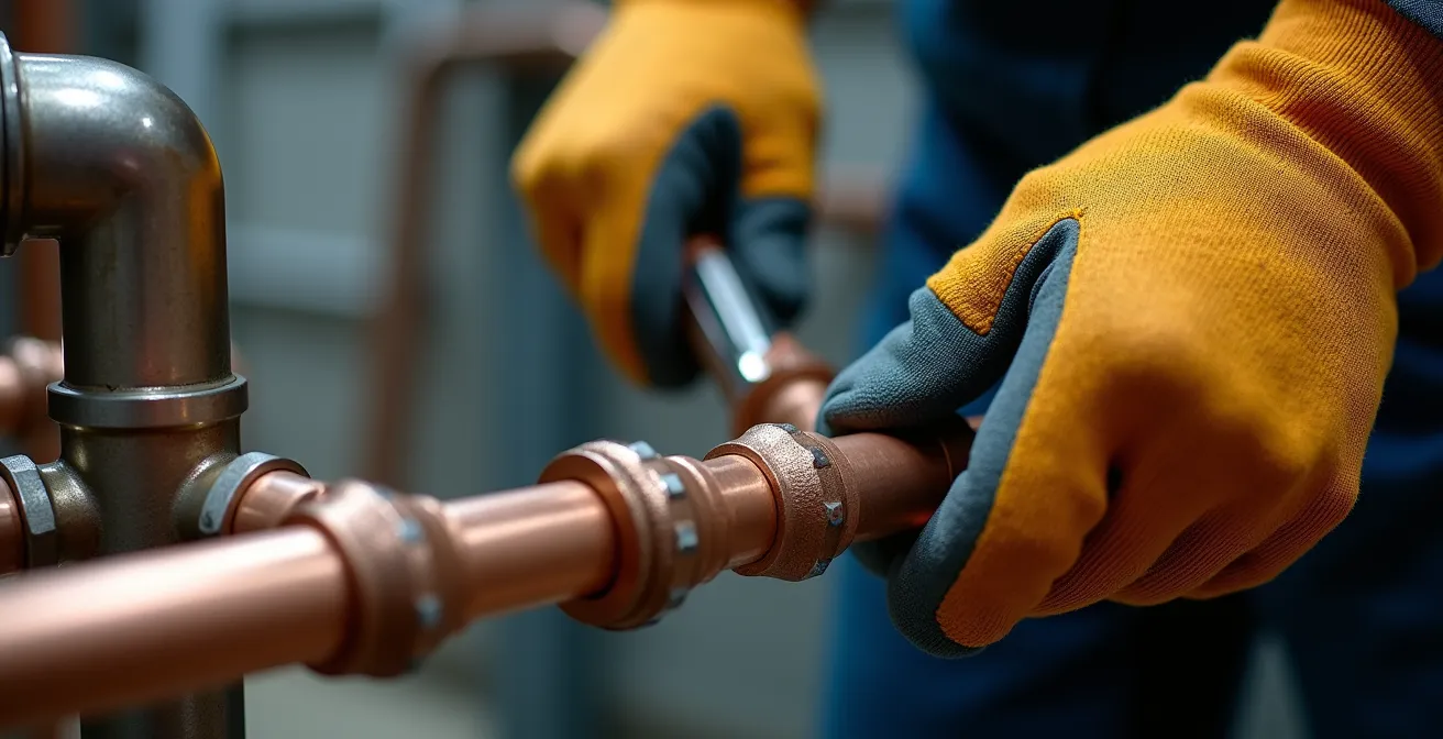 Artisan plombier professionnel travaillant sur une installation de chauffage