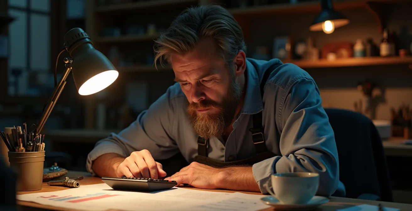 Artisan réfléchissant devant sa calculatrice et ses documents comptables