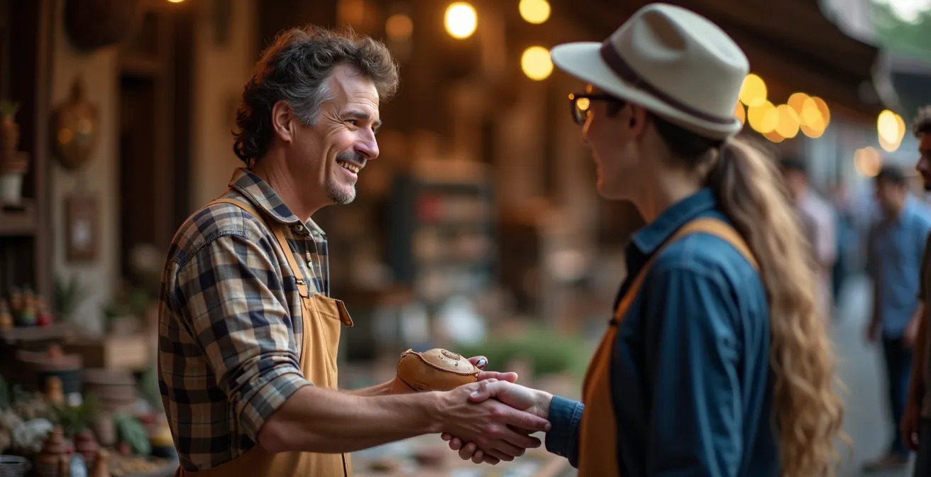 Artisan échangeant avec des partenaires locaux dans un marché de créateurs