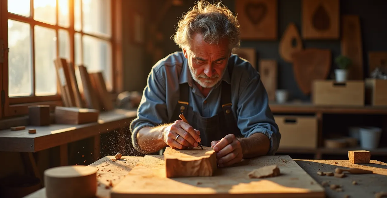 Mains d'artisan transformant une chute de bois noble en objet décoratif dans un atelier lumineux