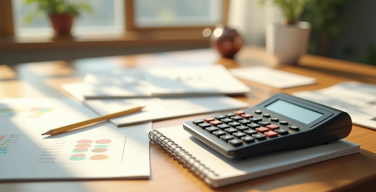 Espace de travail avec calculatrice et documents financiers pour planifier une reconversion