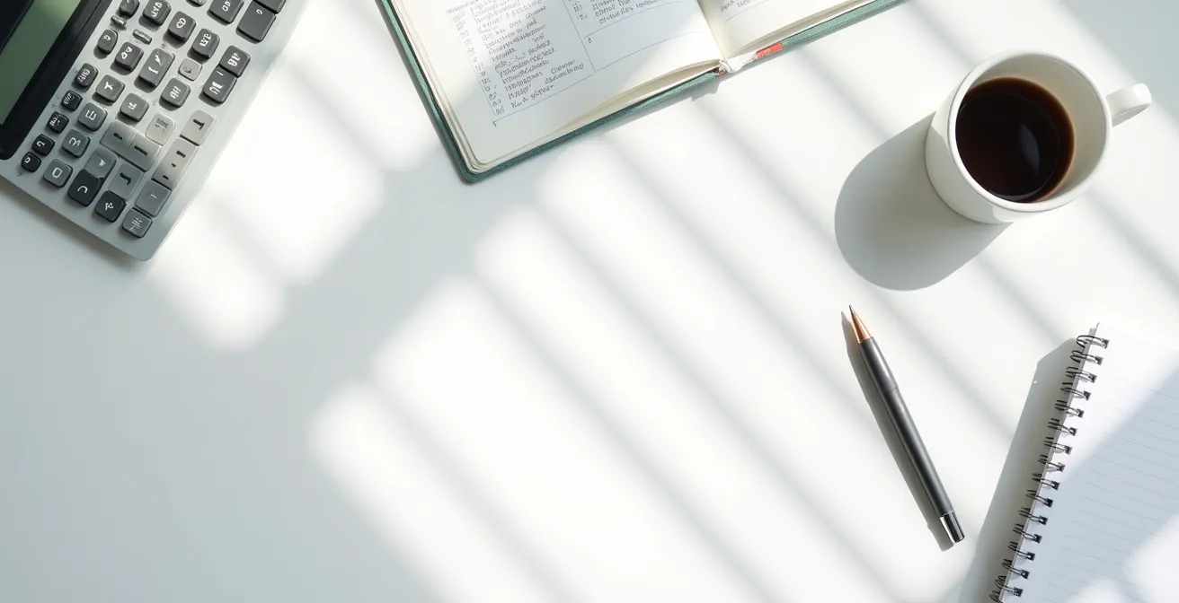 Vue aérienne d'un bureau avec calculatrice et documents financiers flous pour illustrer le calcul du crédit d'impôt