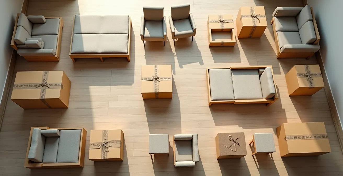 Vue aérienne d'un salon avec meubles et cartons organisés pour estimer le volume