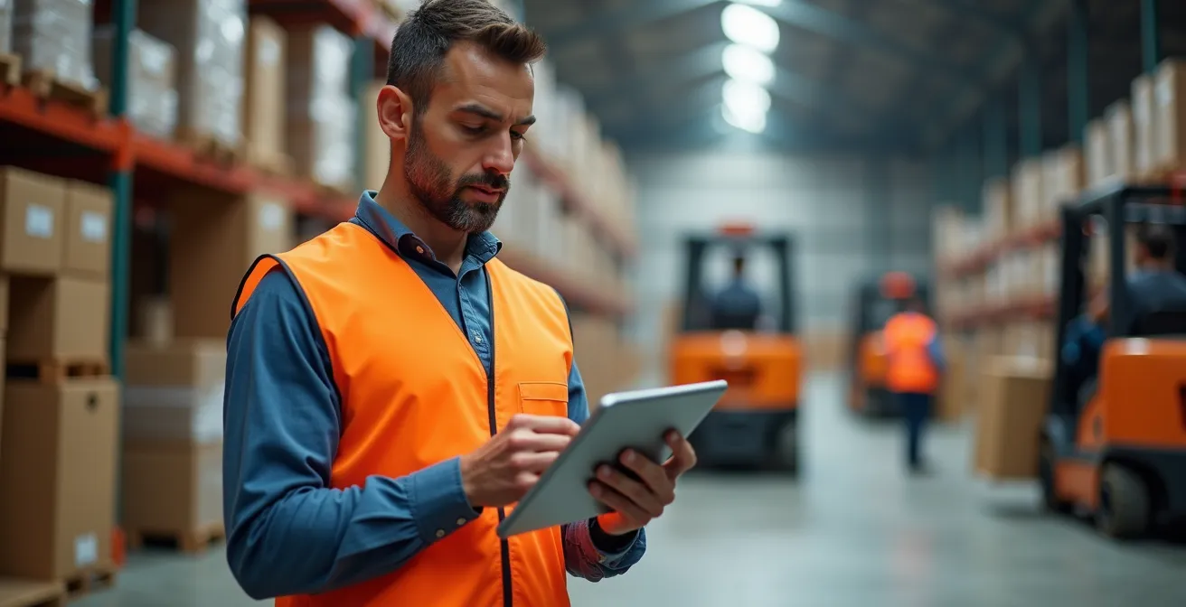 Gestionnaire de quai supervisant les flux de marchandises dans un entrepôt avec vue en plongée