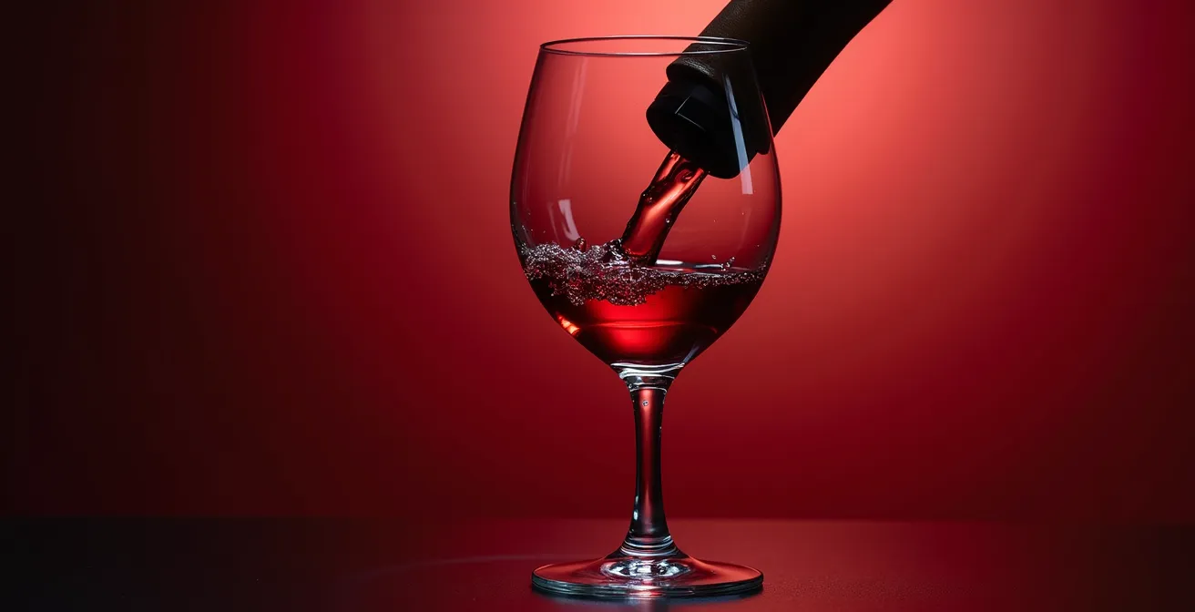 Gros plan macro sur les larmes du vin glissant sur la paroi d'un verre de dégustation