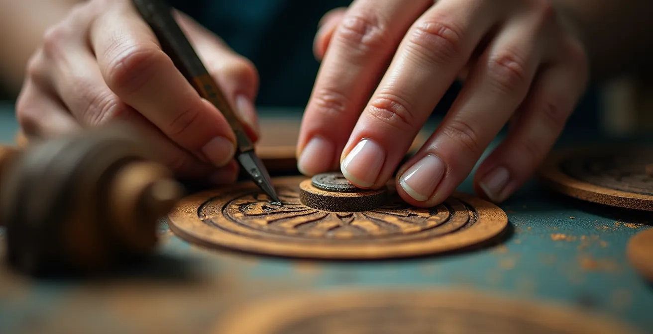 Détail macro d'une création artisanale montrant la précision du travail et la texture du matériau.