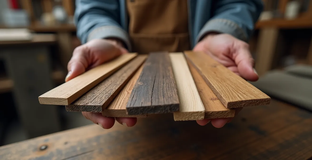Un artisan présente fièrement des échantillons de matériaux nobles à un client, avec une lumière dorée mettant en valeur les textures