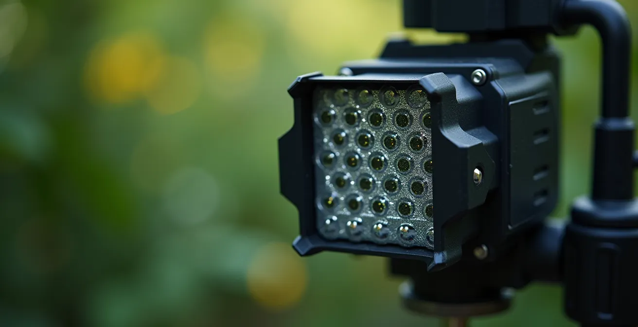 Gros plan sur un capteur LiDAR monté sur un drone forestier avec la canopée floue en arrière-plan