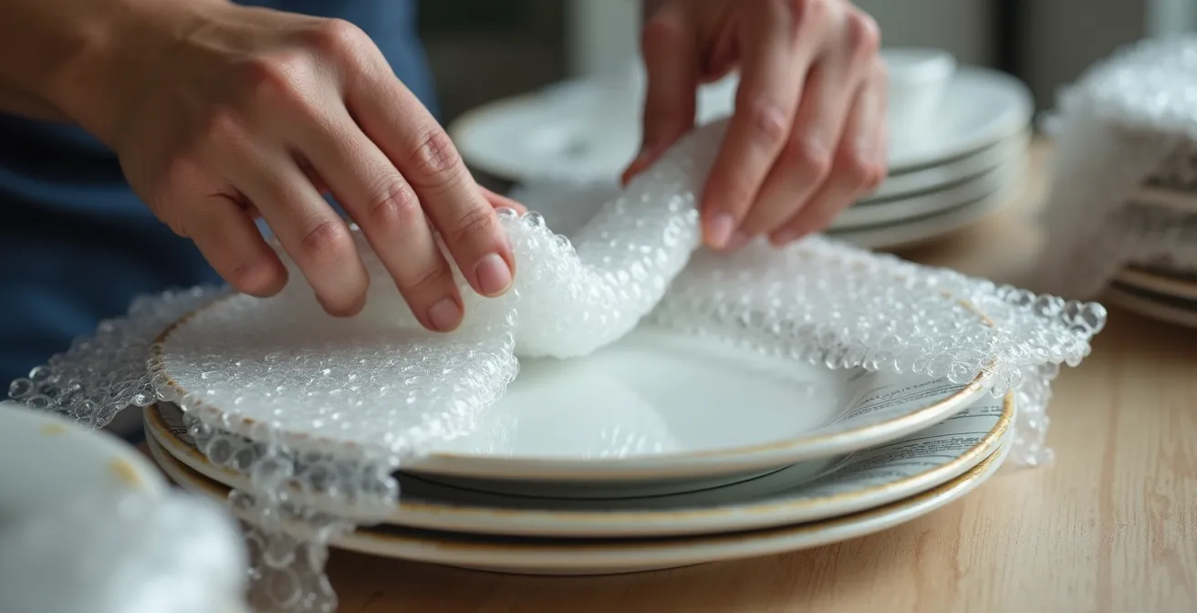 Gros plan sur des mains expertes emballant délicatement de la vaisselle avec du papier bulle
