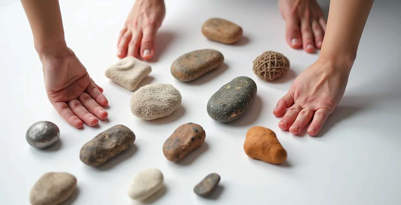 Mains effectuant des exercices de dextérité avec différentes textures et objets naturels