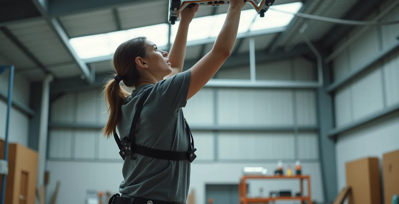 Artisane équipée d'un exosquelette travaillant sur un plafond