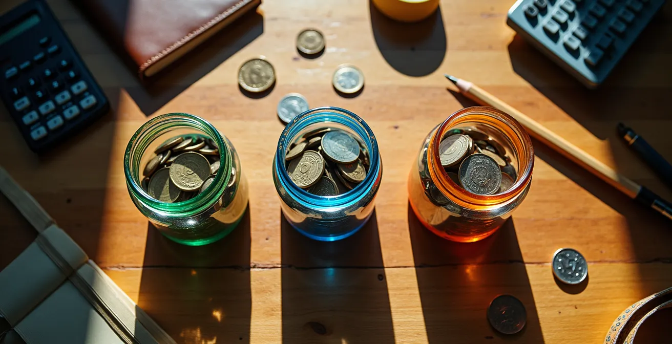 Bureau d'artisan avec trois contenants symbolisant la répartition de trésorerie