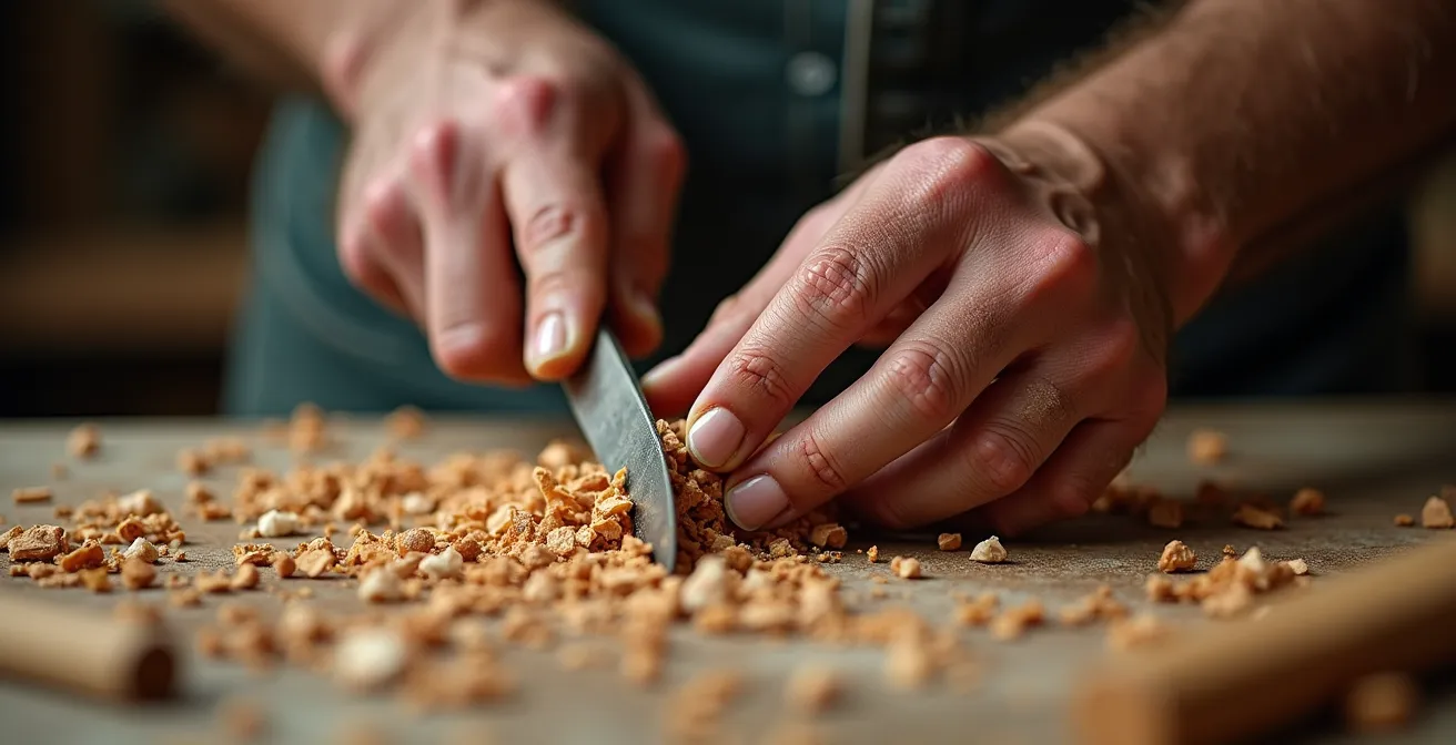 Gros plan sur les mains expertes d'un artisan travaillant le bois avec précision