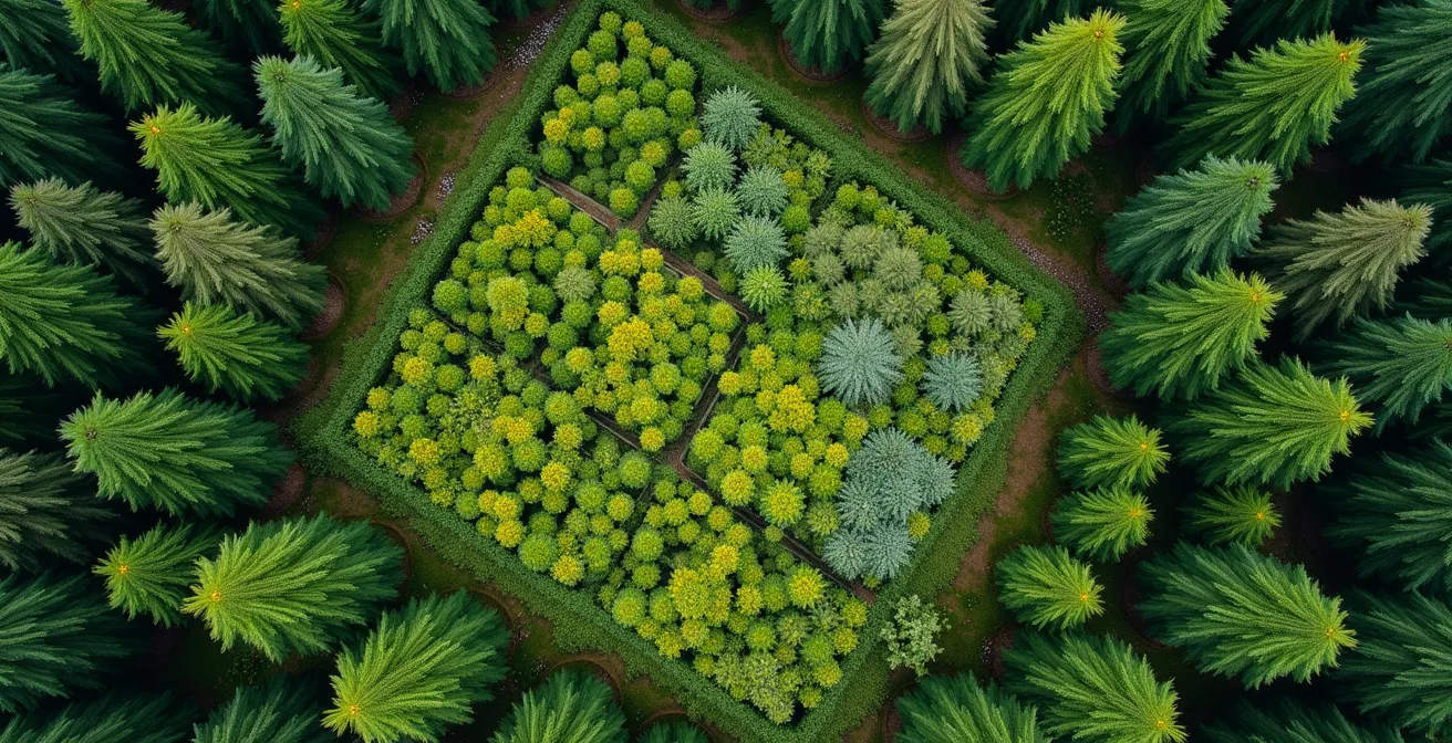 Vue aérienne d'une parcelle forestière montrant différentes essences d'arbres plantées en mosaïque