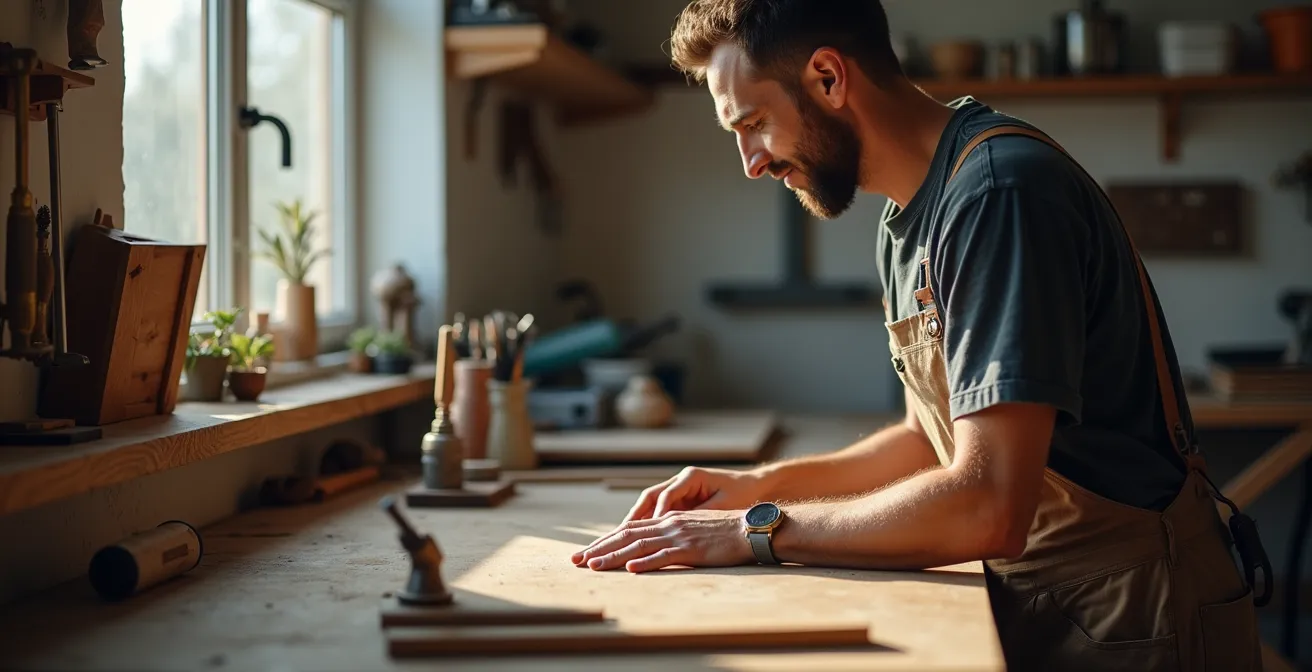 Poste de travail ergonomique montrant un artisan dans différentes positions de travail adaptées