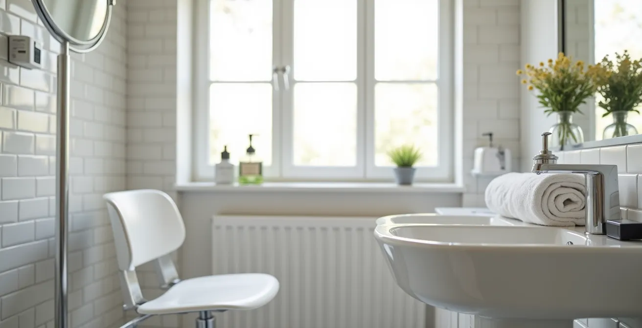 Salle de bain lumineuse aménagée avec une chaise haute et du matériel de coiffure professionnel prêt pour une séance