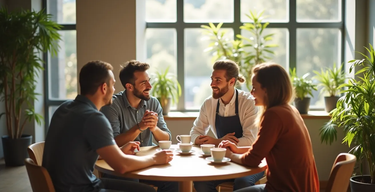 Groupe d'artisans de différents corps de métier échangeant lors d'un petit-déjeuner professionnel dans un espace lumineux