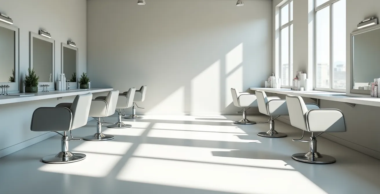 Intérieur épuré d'un salon professionnel moderne avec fauteuils et miroirs, baigné de lumière naturelle