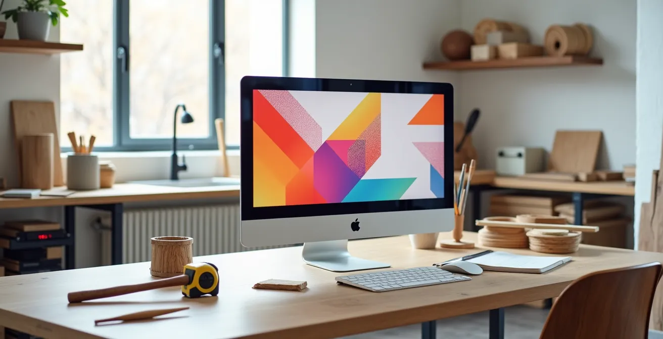 Écran d'ordinateur montrant un site web d'artisan professionnel avec portfolio visuel