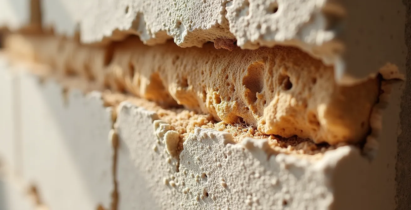 Coupe technique d'un mur perspirant montrant la migration de la vapeur d'eau
