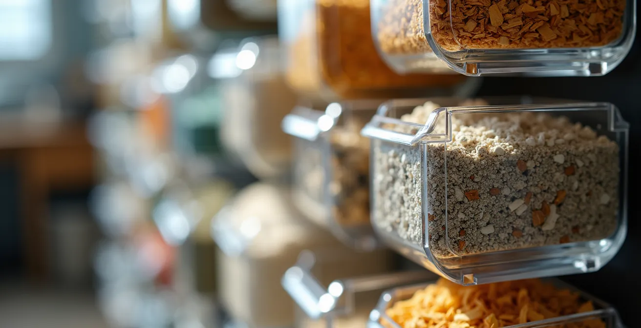 Système de rangement vertical modulaire sur mur d'atelier avec contenants transparents pour tri des matériaux