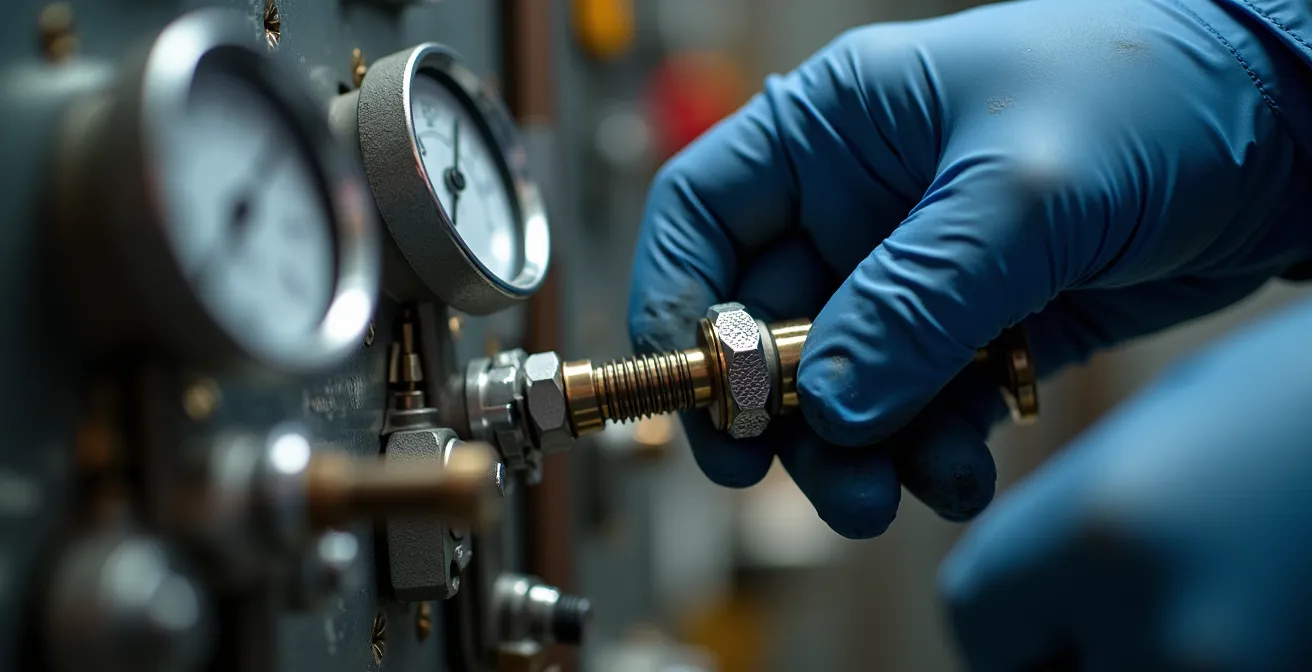 Technicien effectuant l'analyse de combustion d'une chaudière lors de l'entretien annuel