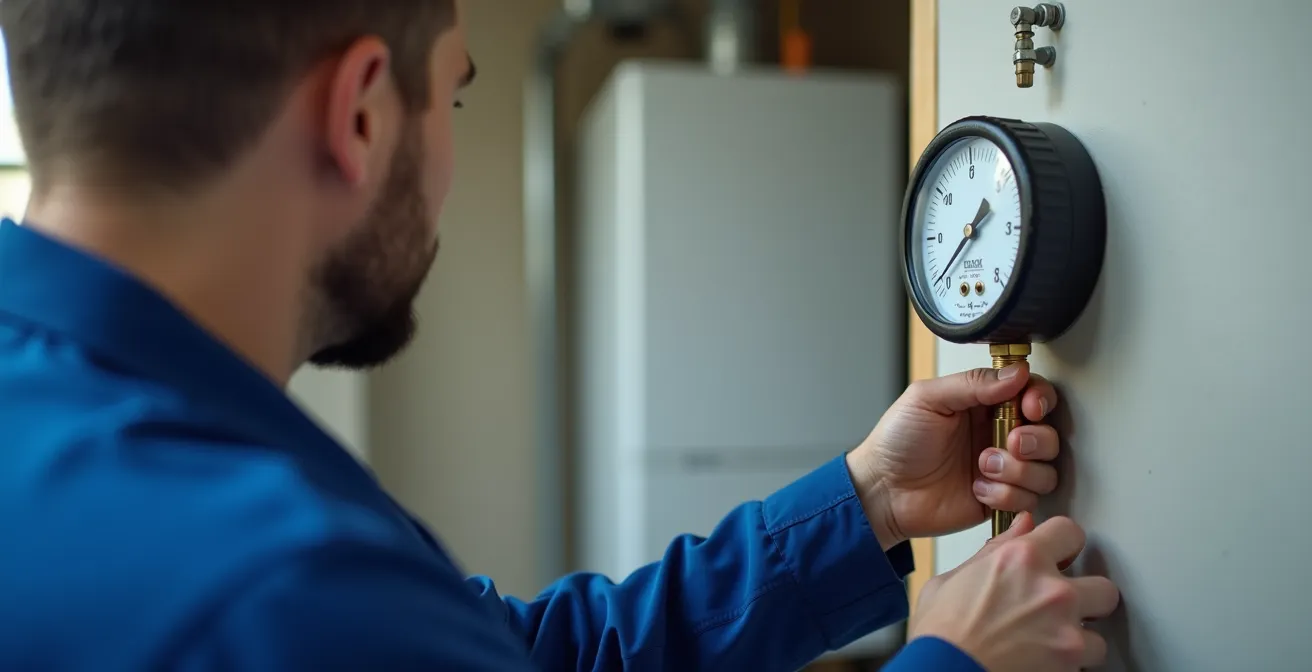 Technicien chauffagiste vérifiant le manomètre d'une chaudière murale