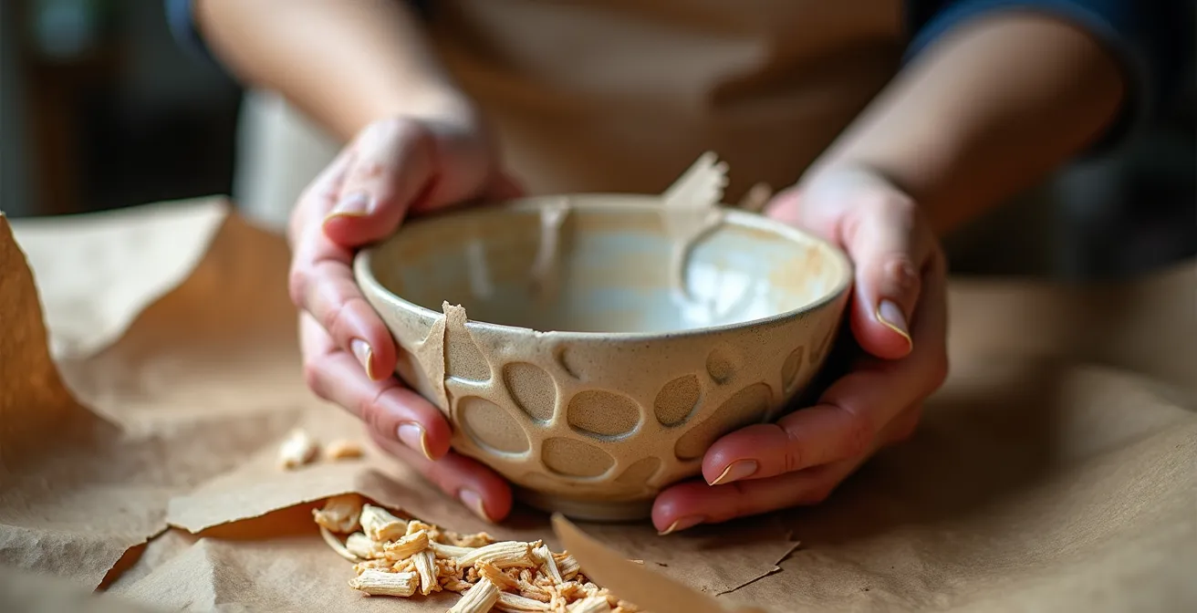 Gros plan macro sur mains d'artisan enveloppant une pièce en céramique avec du papier bulle et des matériaux de calage écologiques
