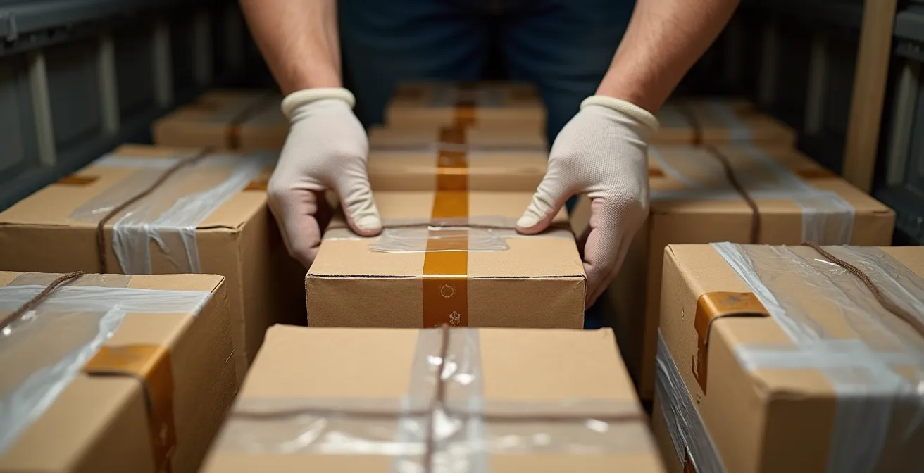 Vue macro détaillée de colis parfaitement agencés dans un espace de chargement